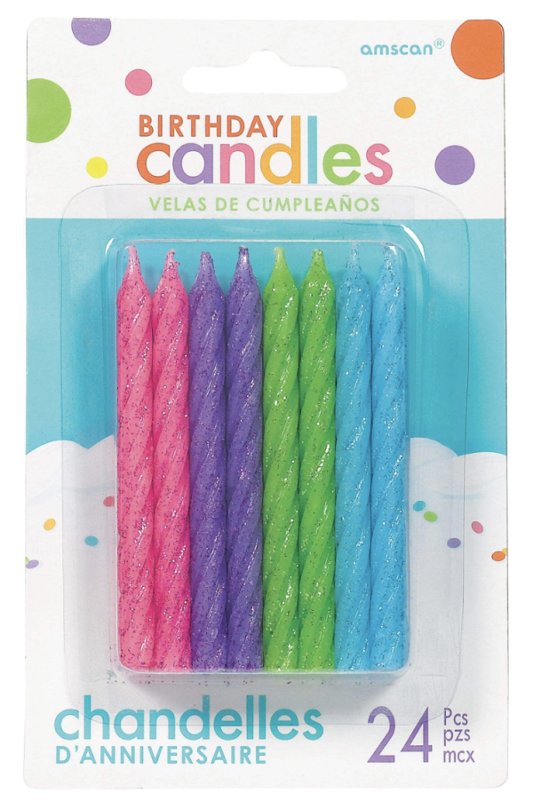 Birthday Candle – Large Glitter Bright Colored Spiral ~ 24 per pack